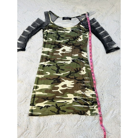 Toxic-Green/Brown-Body Con-Mini Camo Dress-with Distressed Mesh Sleeves-Lg.-Used - Picture 3 of 15